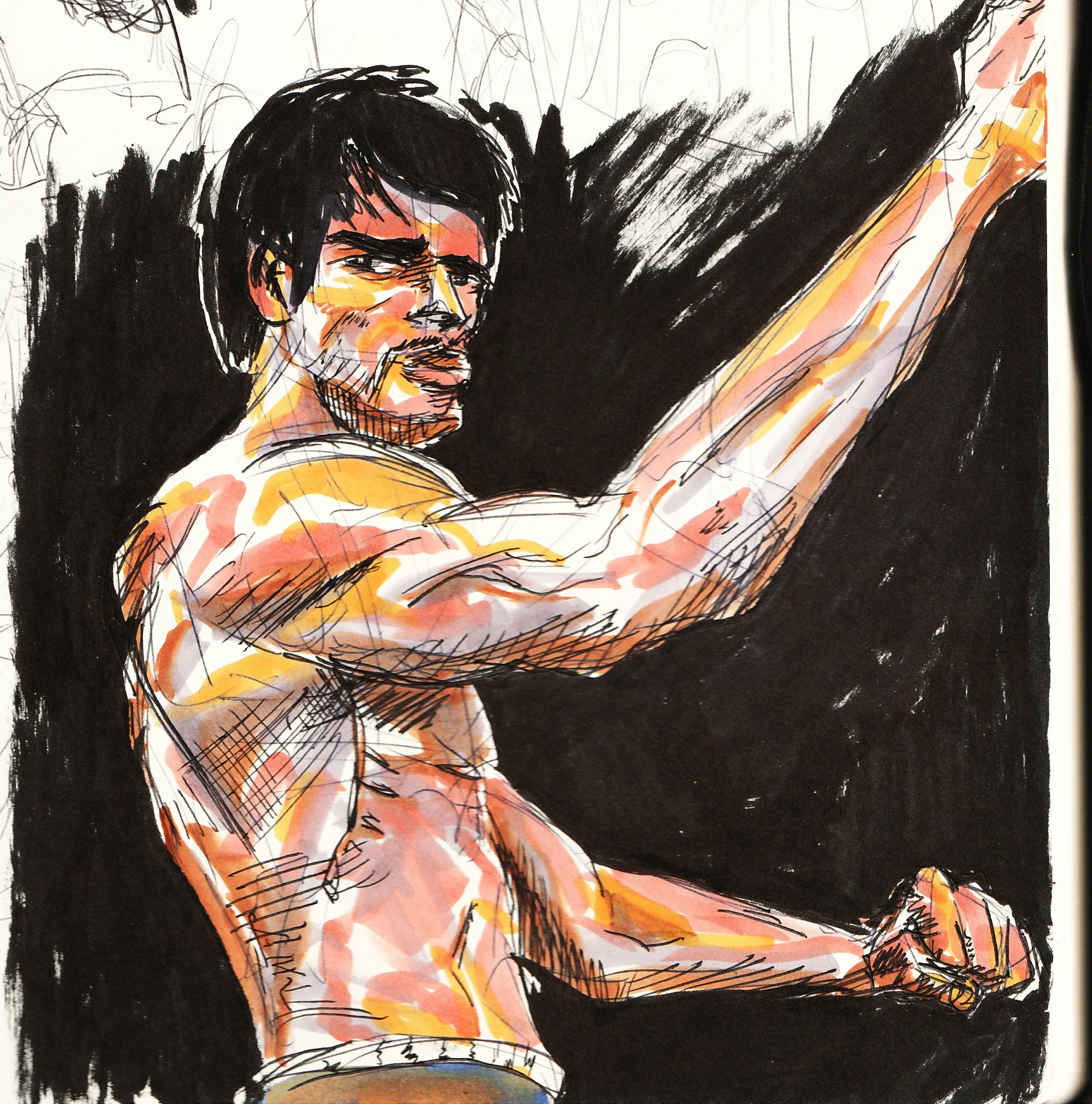 A colorful sketch of a muscular man with dark hair, arms raised and an intense expression, set against a black background.