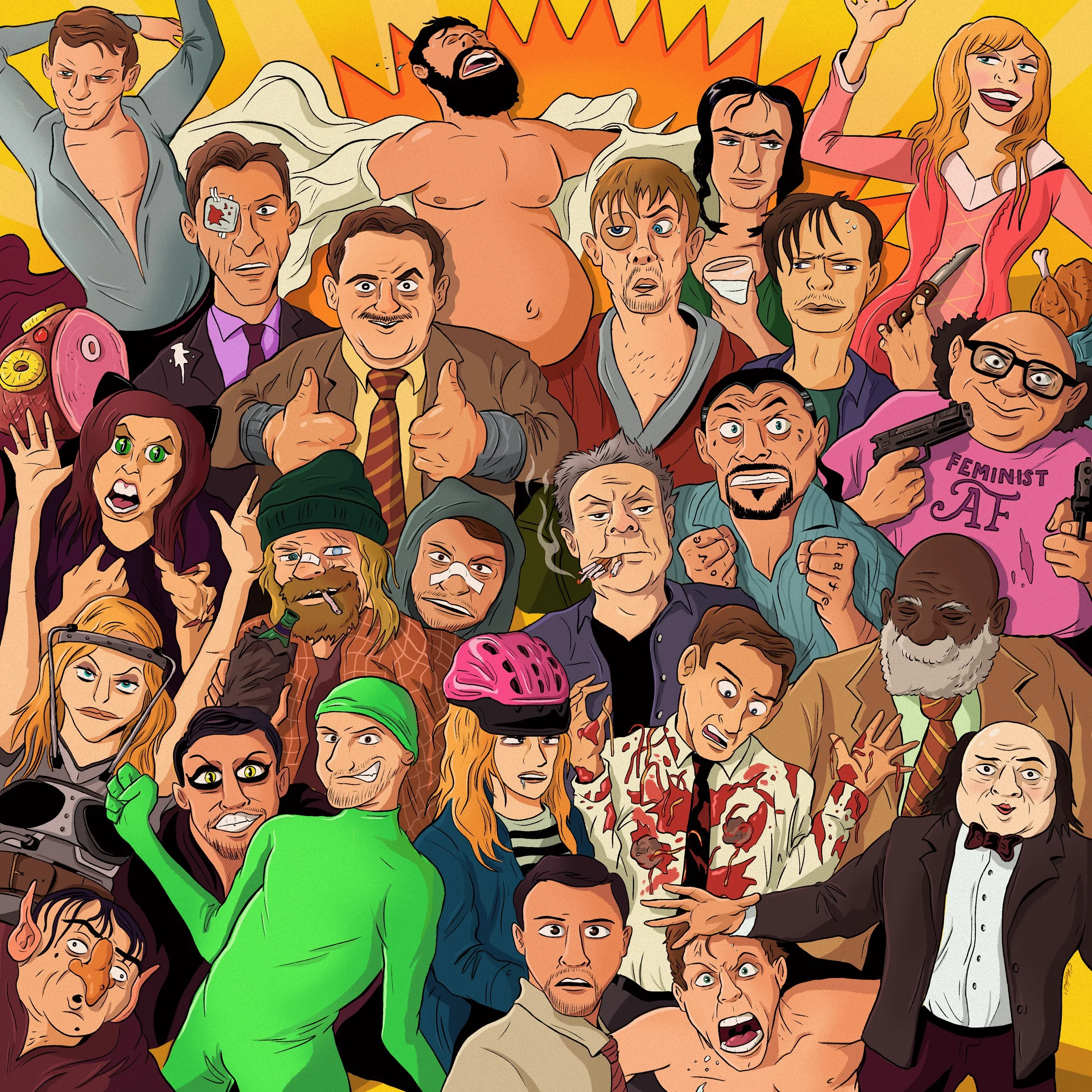 A cartoon illustration of a diverse group of people with exaggerated facial expressions, some angry, confused, or excited, with various clothing styles, in a chaotic scene with a bright yellow background.