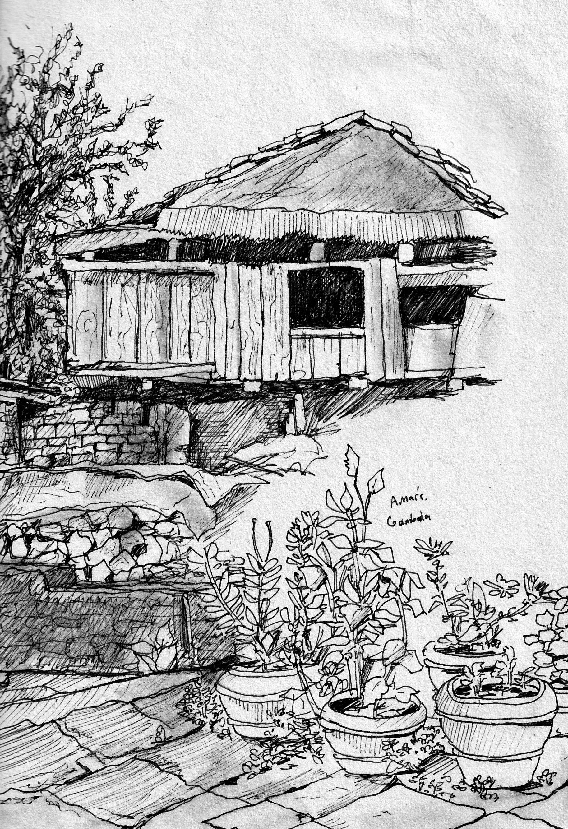 A sketch of a rustic house with a thatched roof, wooden walls, and a raised foundation, surrounded by potted plants and a stone wall.