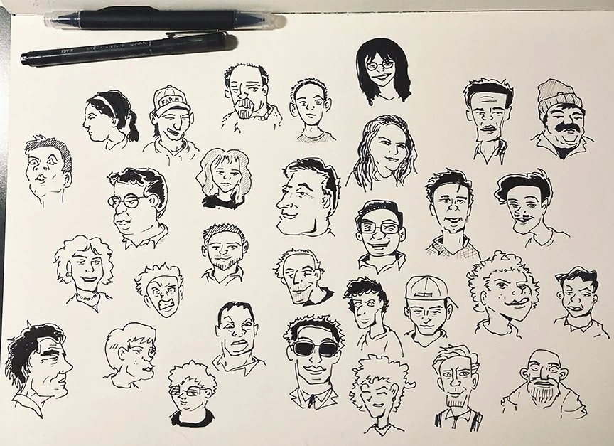 Collection of black and white hand-drawn caricature portraits of diverse individuals with various facial expressions and hairstyles, arranged on a white background.