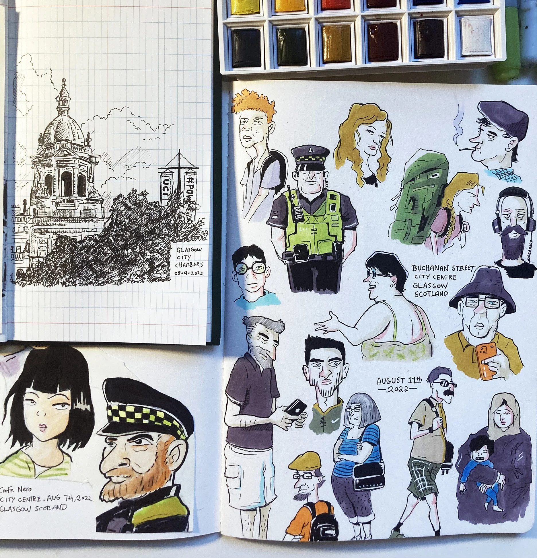 Sketches and watercolor drawings of people, landmarks, and city scenes from Glasgow, Scotland. There is a detailed pen drawing of Glasgow City Chambers and watercolor portraits of various individuals, some with backpacks, glasses, and headphones. Tex
