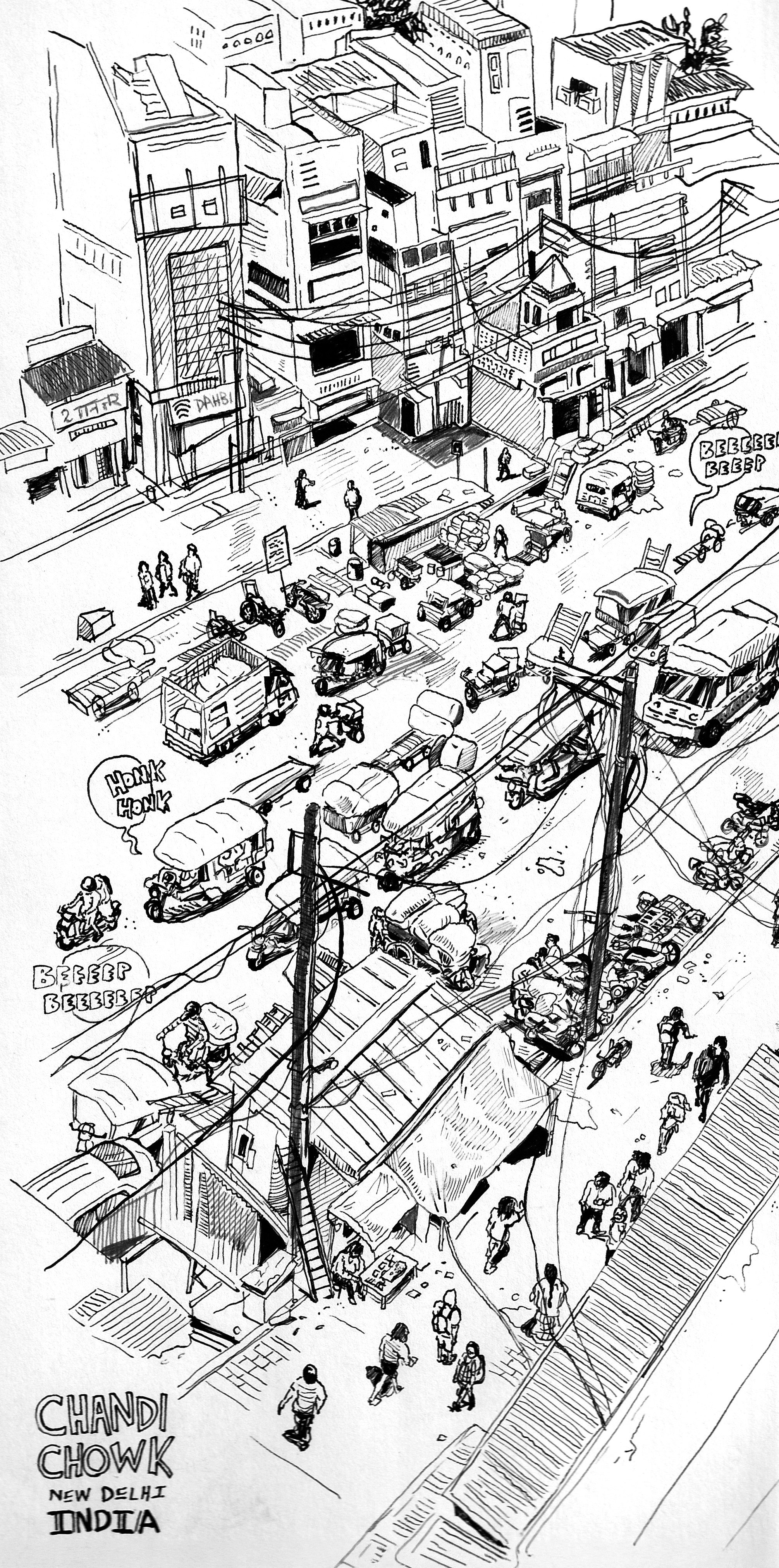 A busy street scene in Chandni Chowk, New Delhi, India, with traffic, street vendors, pedestrians, and buildings in a black and white sketch style.