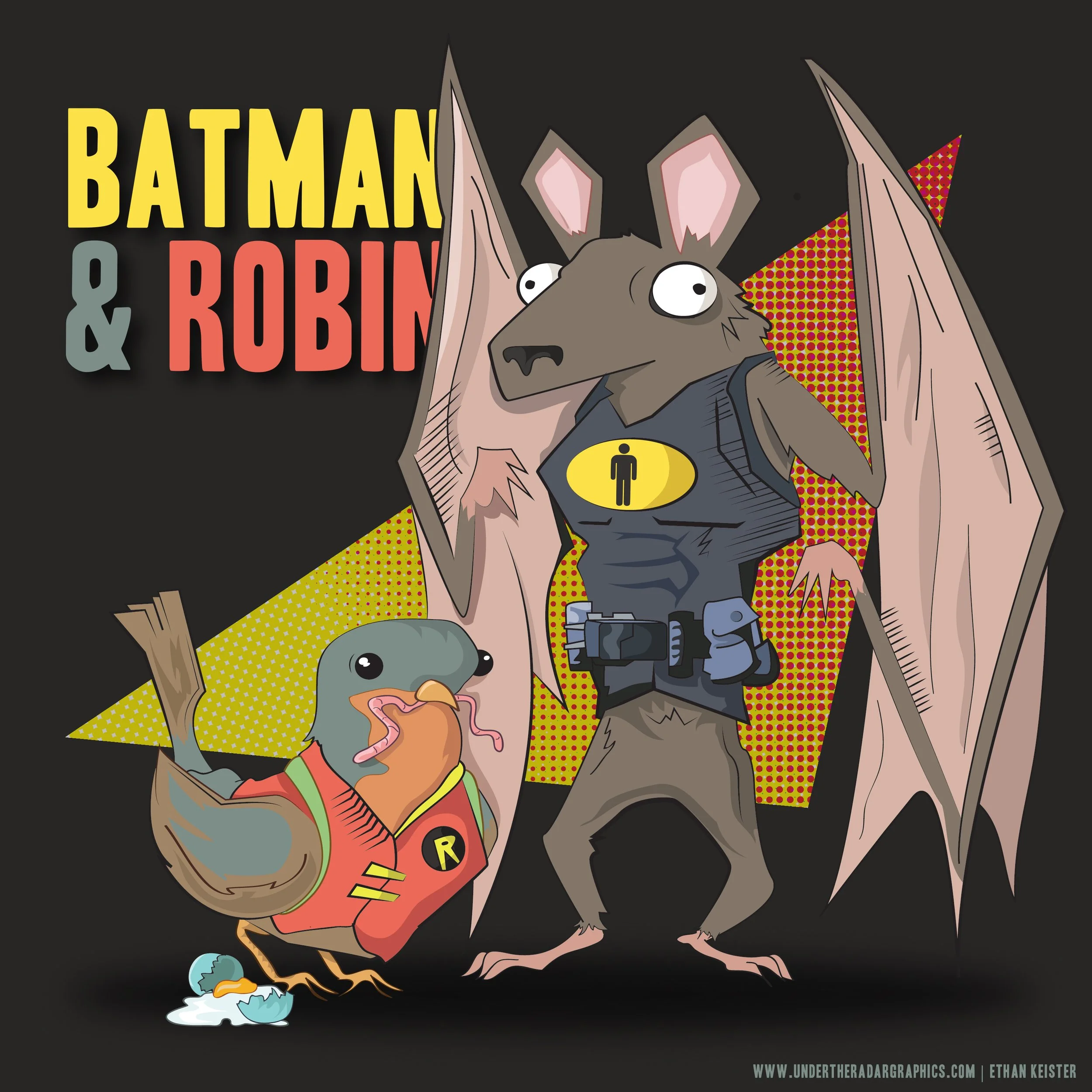Cartoon characters of Batman and Robin as bats and robins, with Batman depicted as a bat wearing a superhero costume with a yellow symbol and Robin as a small bird in a superhero costume with an R symbol. The background is dark with colorful comic-st