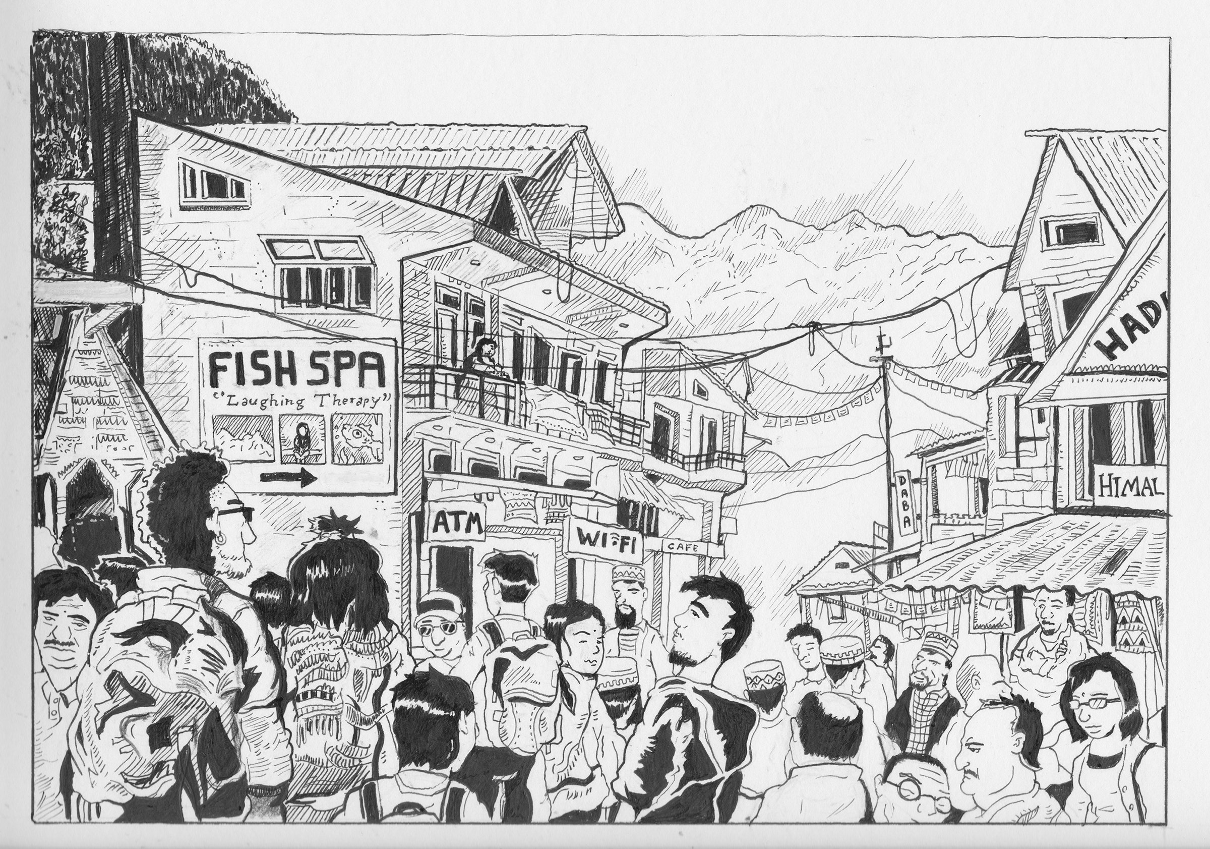 A busy outdoor street scene with many people walking and talking, surrounded by small shops and cafes, with mountains in the background.
