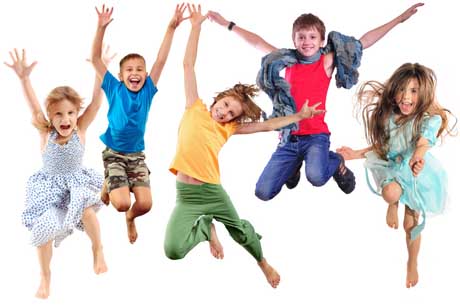 group of happy cheerful sportive children jumping and dancing