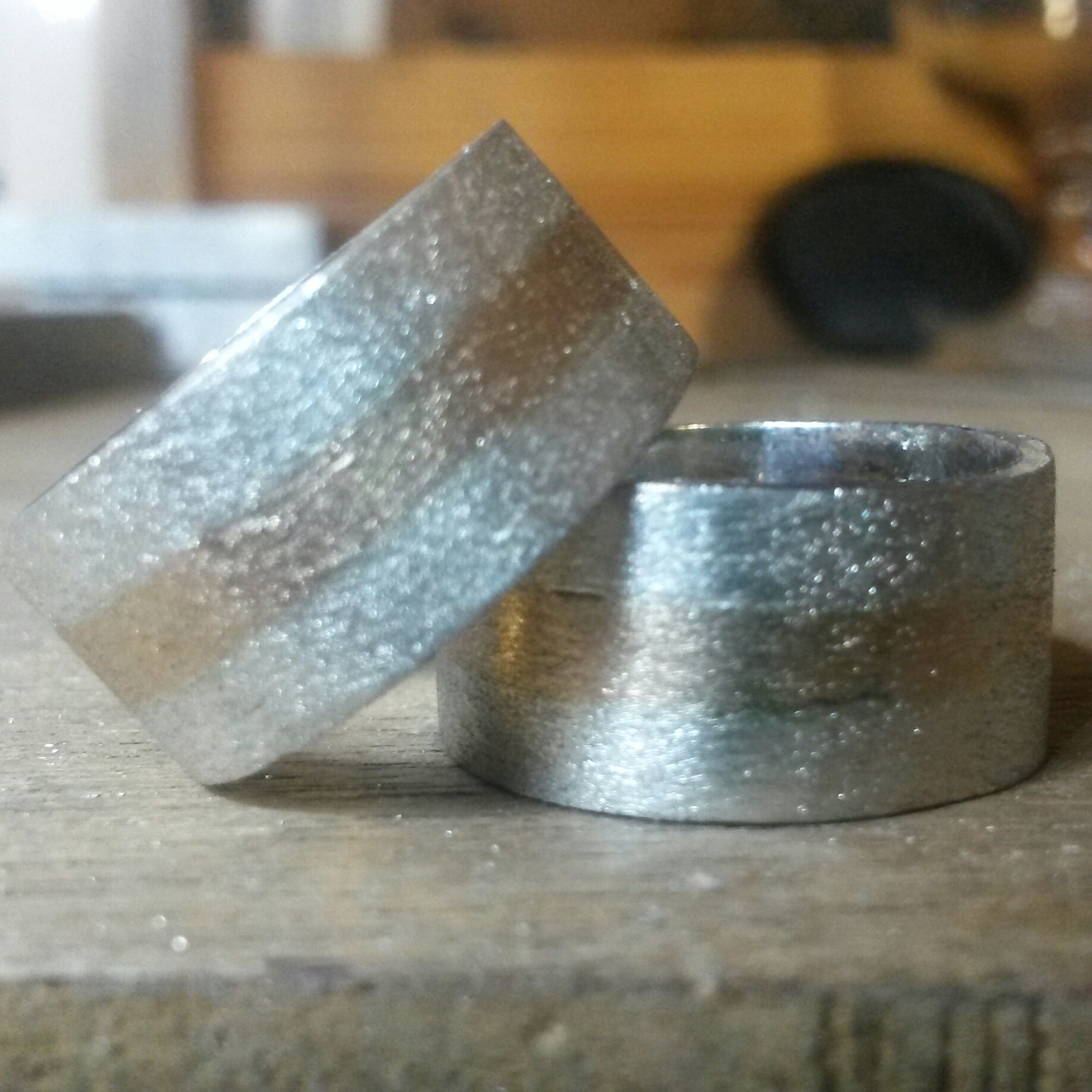 Sterling silver and 9ct gold rings with a frosted finish...love these!