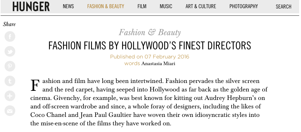Hunger Magazine, Fashion Film's Finest Directors