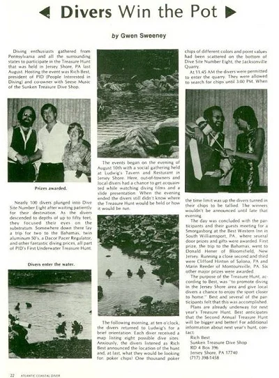 From the 3rd U/W Treasure Hunt in 1981. Article from National Diving Publication Atlantic Coastal Diver. Click here for a larger image