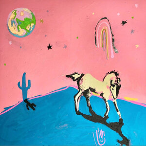 A piece of art - on a pink background is a drawing of a bare landscape with a cactus, there is a horse, and in the sky some stars, a rainbow, and a moon. It's a childlike, imaginative drawing.