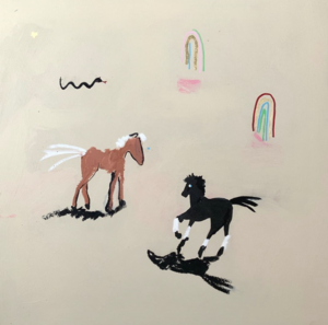 A piece of art that looks almost like a child's drawing of two horses with a rainbow and squiggly lines around. It's probably with pastels. It's whimsical.