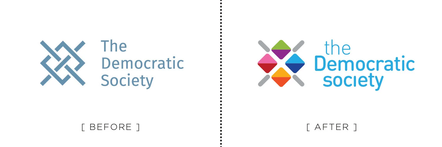 Demsoc logo before & after