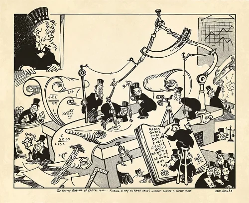 One of Dr. Seuss's WWII Cartoons for PM , The Knotty Problem of Capitol Hill... Finding a Way to Raise Taxes Without Lose a Single Vote .