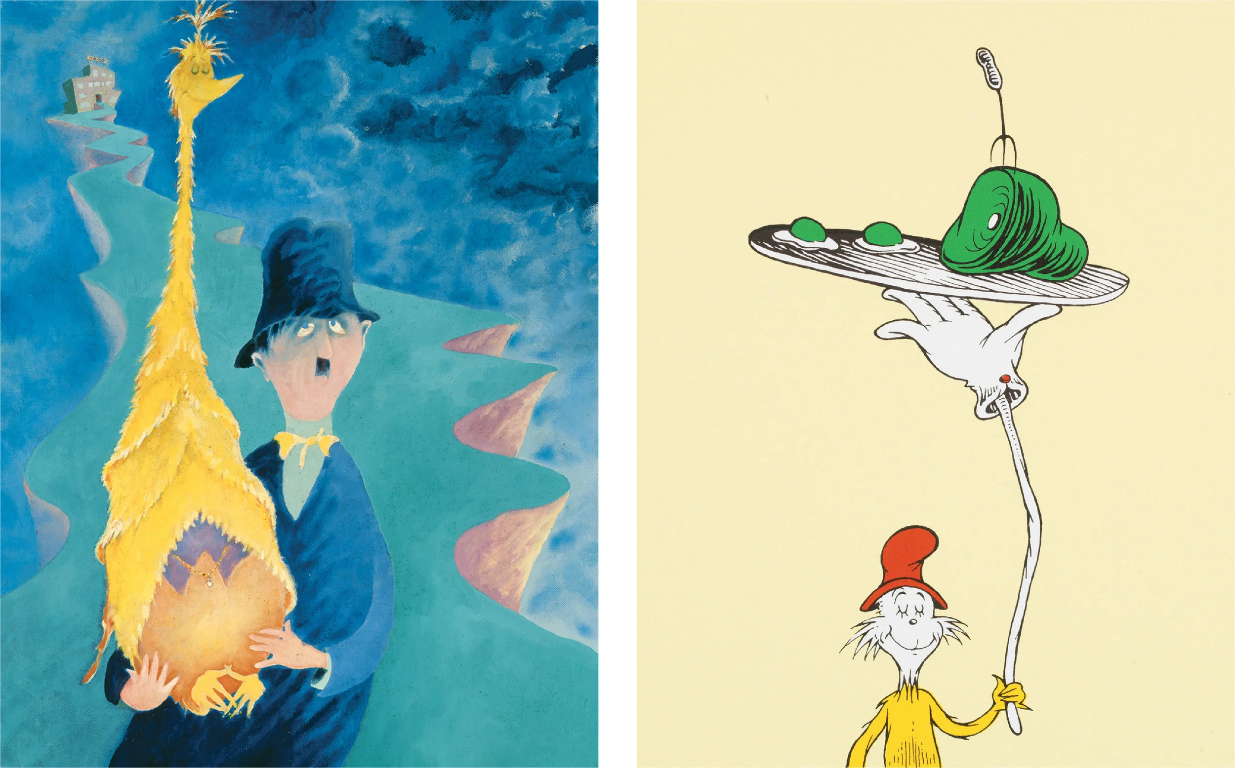 Above are two examples that display Geisel's Surrealistic tendencies. Top: A Man Who Has Made an Unwise Purchase Bottom: Inside Cover Illustration for Green Eggs and Ham