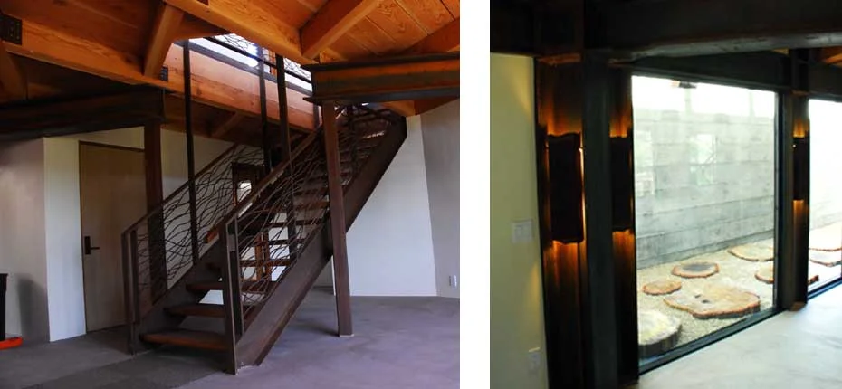 Along with continuing the Iron-Lace railing throughout the home, we made clever use of the exposed structural I-beam columns. This custom lighting element uses torched steel channel to difuse the sconce lighting in the I-beams