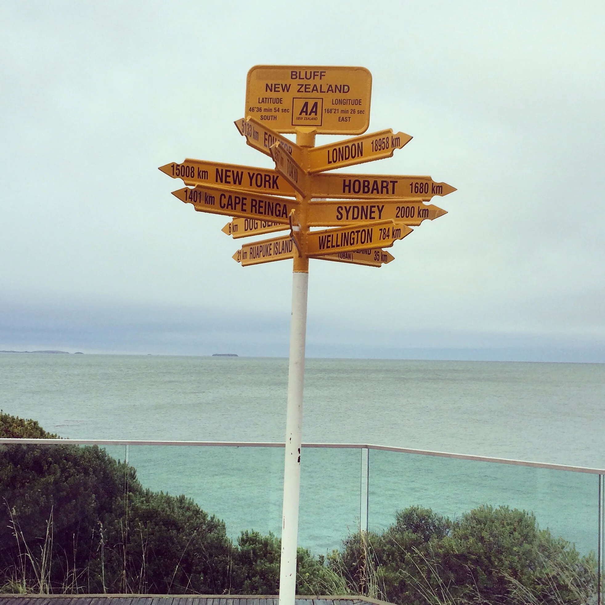 The southern most tip of the South Island of New Zealand in the town of Bluff- scary enough, the South Pole is 1/3 the distance from Bluff (5K KM) than New York City (15K KM)