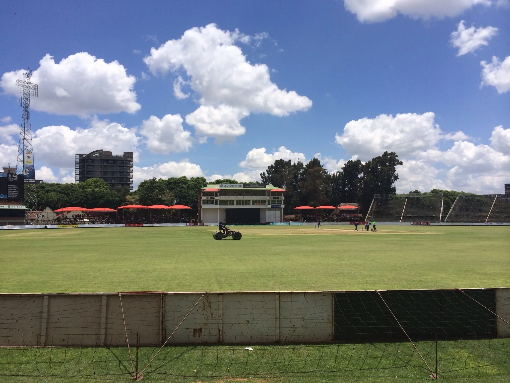 View from the vintage cricket pitch in Harare, as the lawn zamboni cruises by