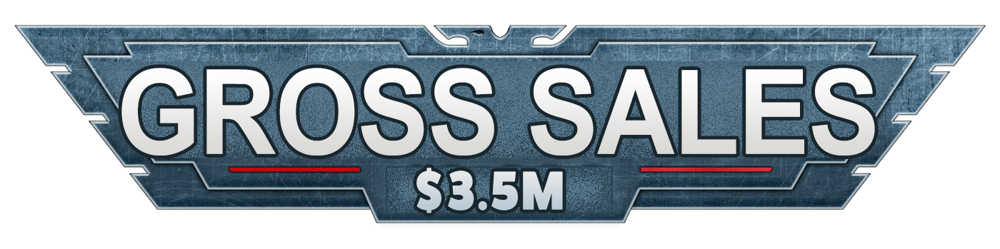 A badge-style graphic displaying the words 'GROSS SALES' with a total of $3.5 million, designed with a metallic, futuristic look.