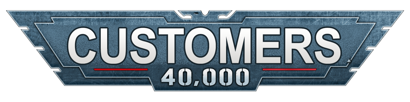 A logo or badge with the word 'CUSTOMERS' in large, bold letters, and the number '40,000' underneath, on a textured, metallic background.