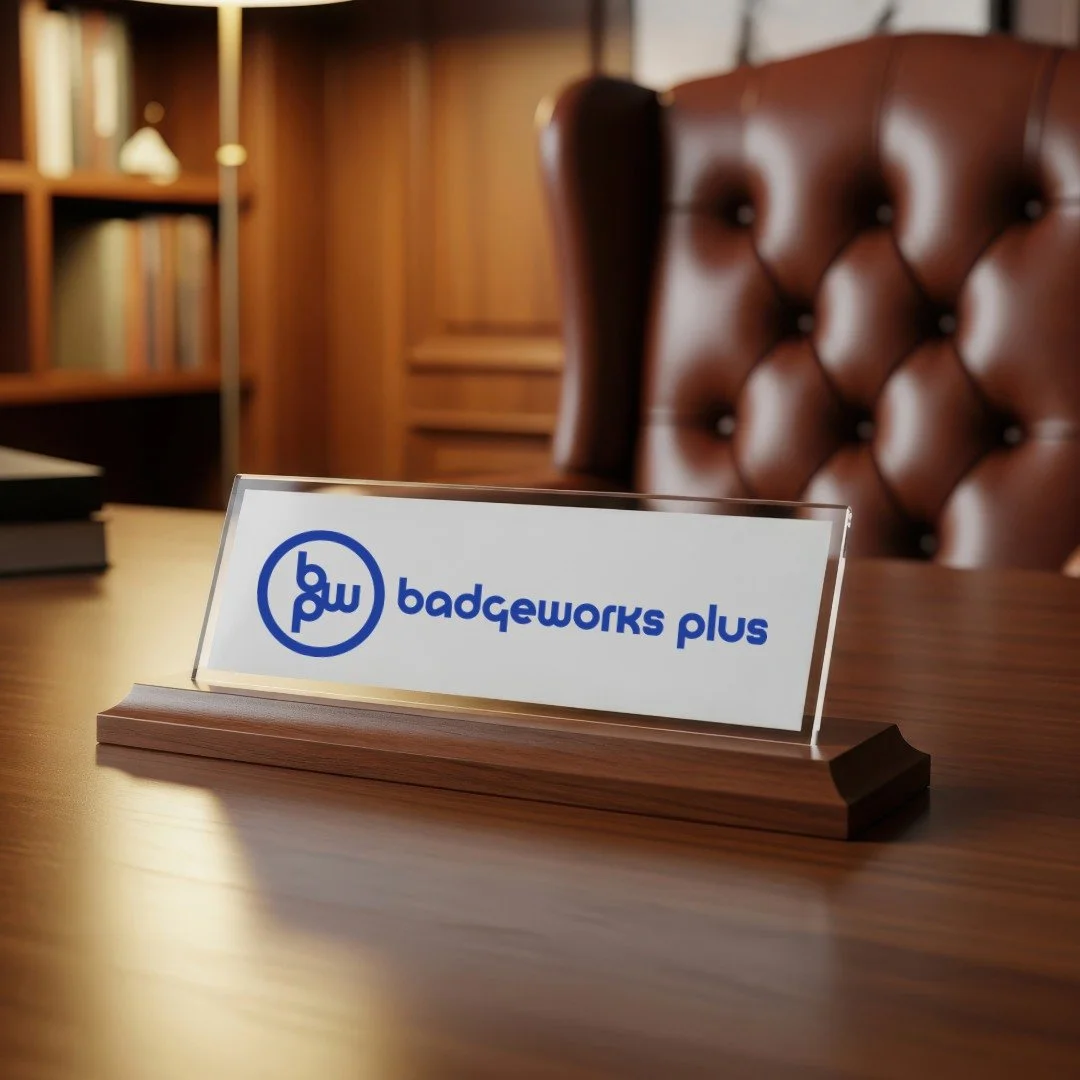 Upgrade your desk with a custom name plate that fits you — choose color, frame, and style.