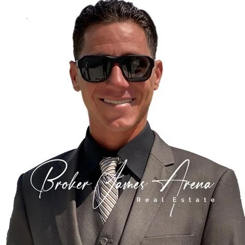 A man in a gray suit with a striped tie and black sunglasses smiling against a white background, with text "Broker James Arena Real Estate" overlayed.
