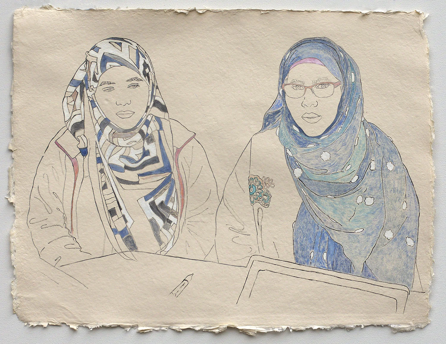 Mother and Daughter, Applying for U.S. Citizenship 2019, ink, watercolor, gouache on handmade paper made in India from recycled clothing, 19” x 25”
