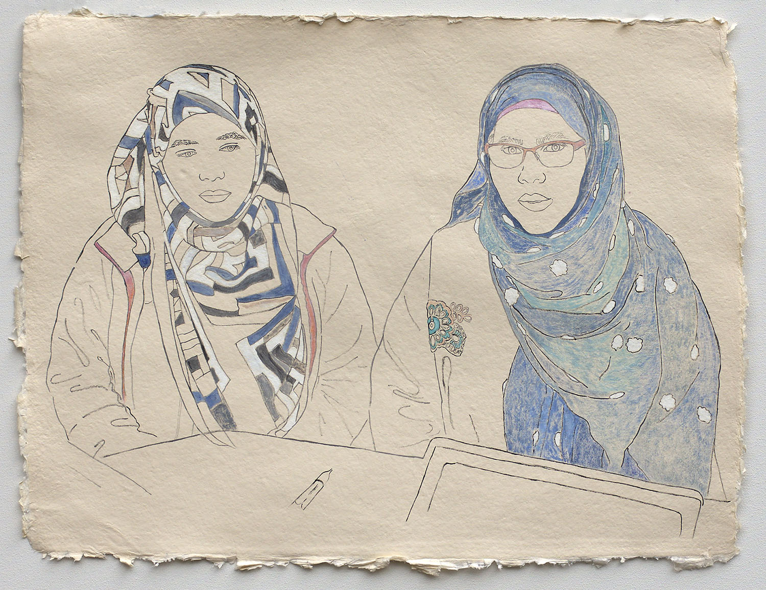   Mother and Daughter, Applying for United States Citizenship   2019, ink, watercolor, gouache on handmade paper made in India from recycled clothing, 19” x 25”  In the collection of Sage Bionetworks, Seattle, WA. 