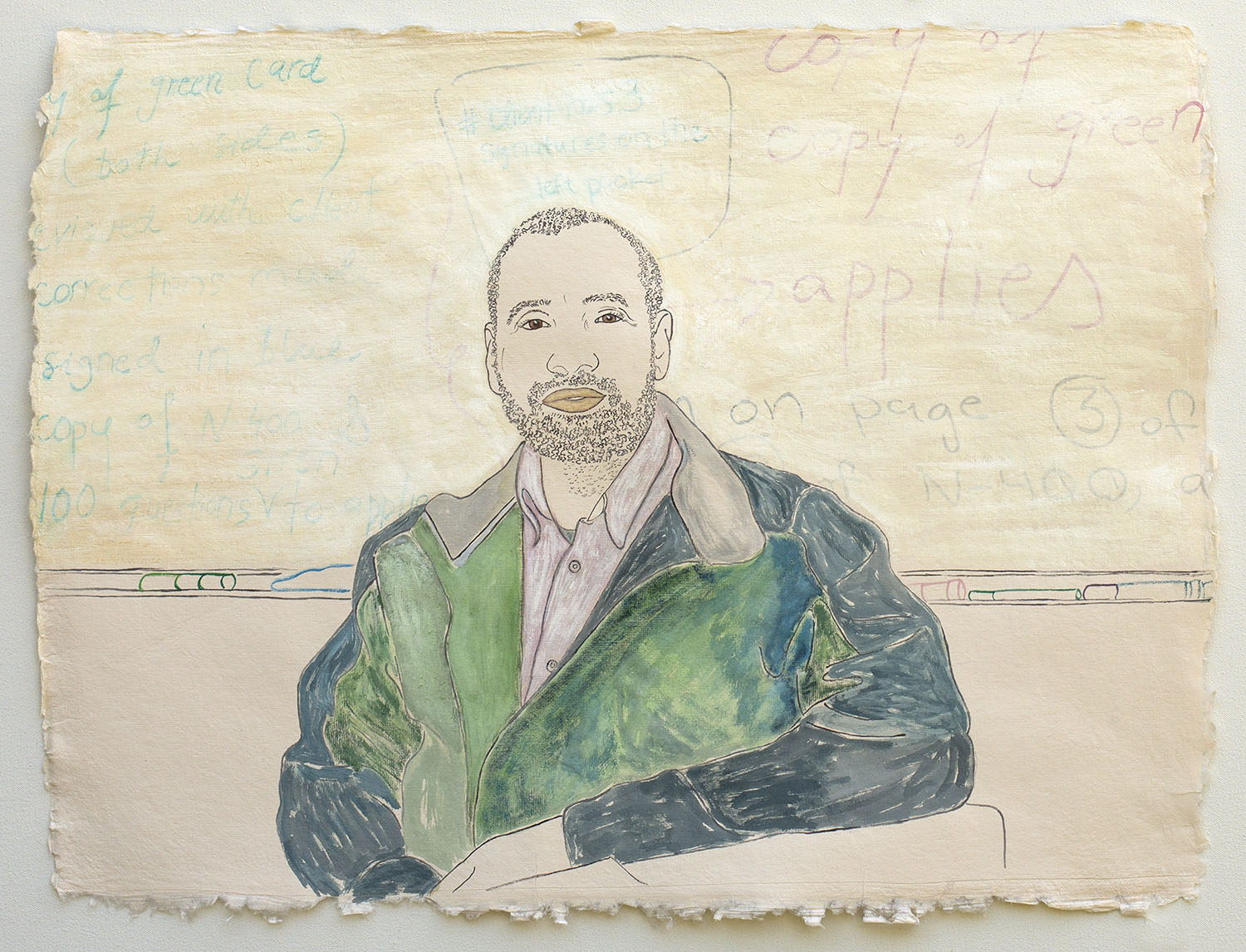   Man in Front of a Whiteboard, Applying for United States Citizenship   2019, ink, watercolor, gouache on handmade paper made in India from recycled clothing, 19” x 25”  In the collection of the Blanden Memorial Art Museum, IA    