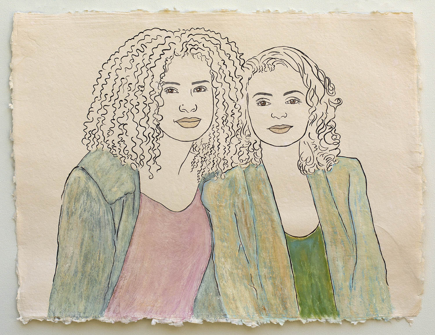 Two Friends at the Ethiopian Community in Seattle 2018, ink on handmade paper, 25x19"