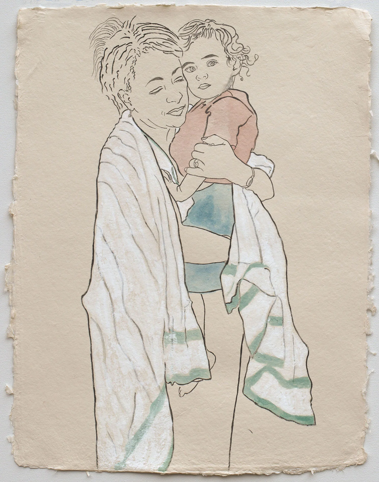 Grandmother and Grandson, Members of the Ethiopian Community in Seattle 2017, ink, watercolor, gouache on handmade paper, 25x19"