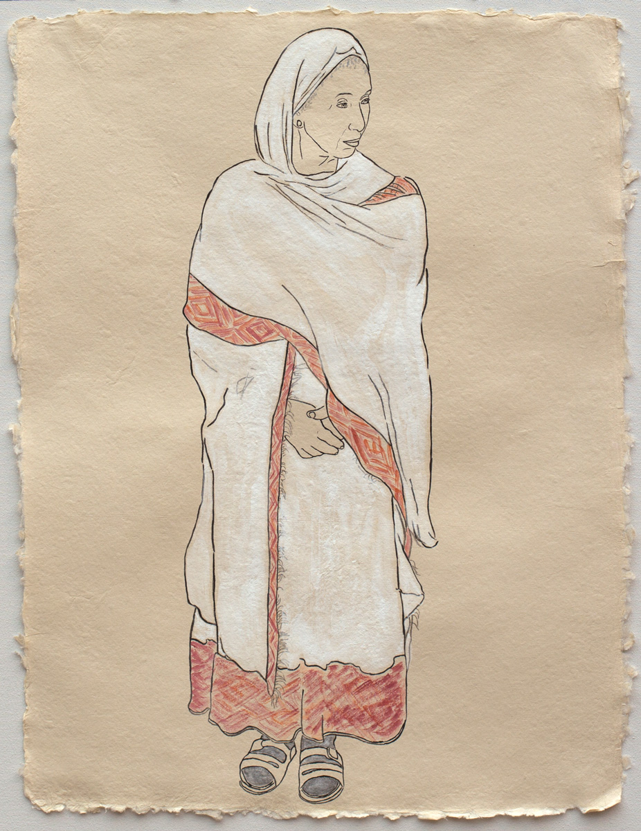   Woman in White, Member of the Ethiopian Community in Seattle   2017, Ink, watercolor, gouache on handmade paper made in India from recycled clothing, 25” x 19.”  In the collection of Sage Bionetworks, Seattle, WA. 