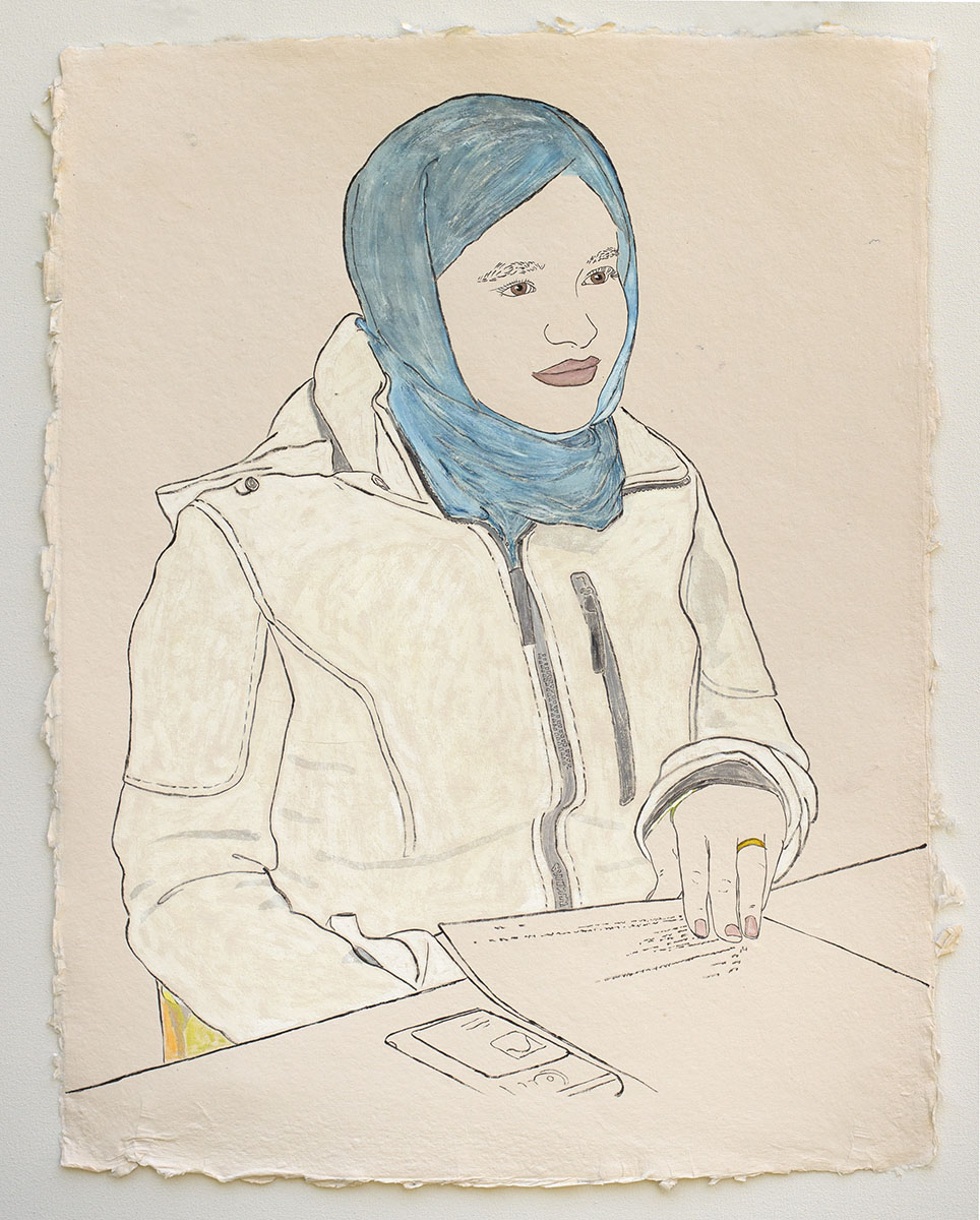  Young Woman Applying for United States Citizenship    2018, ink, watercolor, and gouache on handmade paper, 25" x 19"  In the collection of The City of Bellevue Civic Art Collection.   