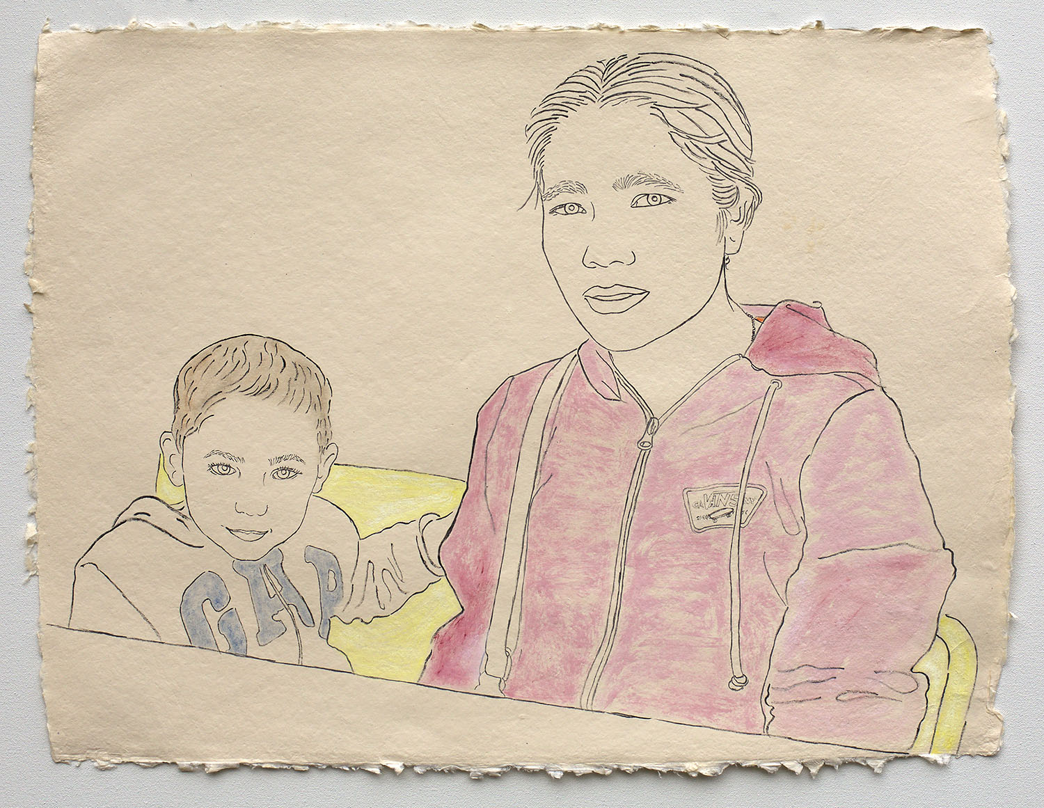   Mother with Son, Applying for United States Citizenship   2019, ink, watercolor, gouache on handmade paper made in India from recycled clothing, 19” x 25”  In the collection of The City of Bellevue Civic Art Collection. 