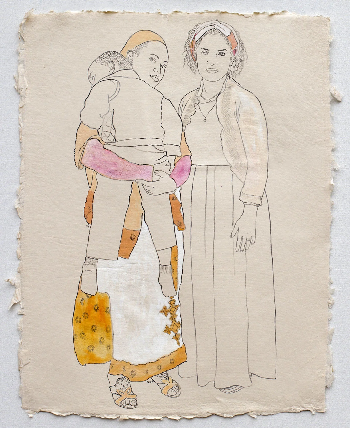 Young Mothers, Members of the Ethiopian Community in Seattle 2017, ink, watercolor, and gouache on handmade paper made in India from recycled clothing, 25" x 19"