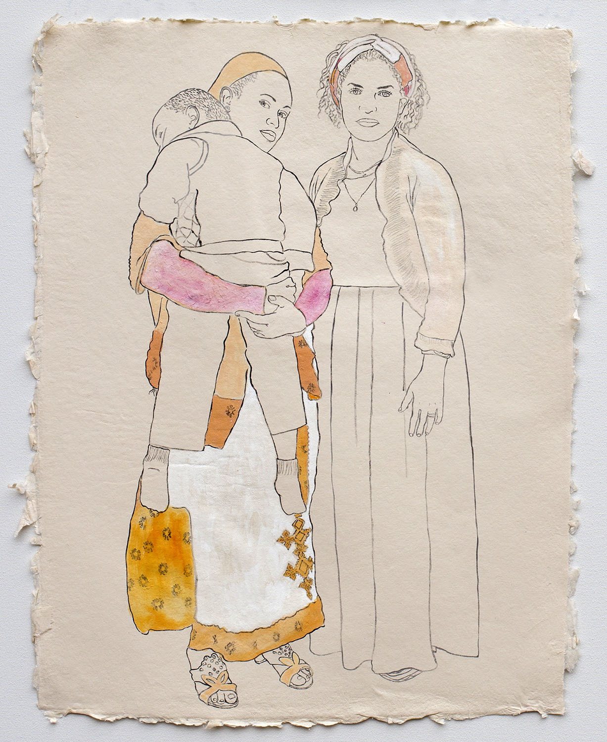   Young Mothers, Members of the Ethiopian Community in Seattle   2017, ink, watercolor, and gouache on handmade paper made in India from recycled clothing, 25" x 19.”   Port of Seattle purchase for the Nursing Suite in SeaTac Airport. 