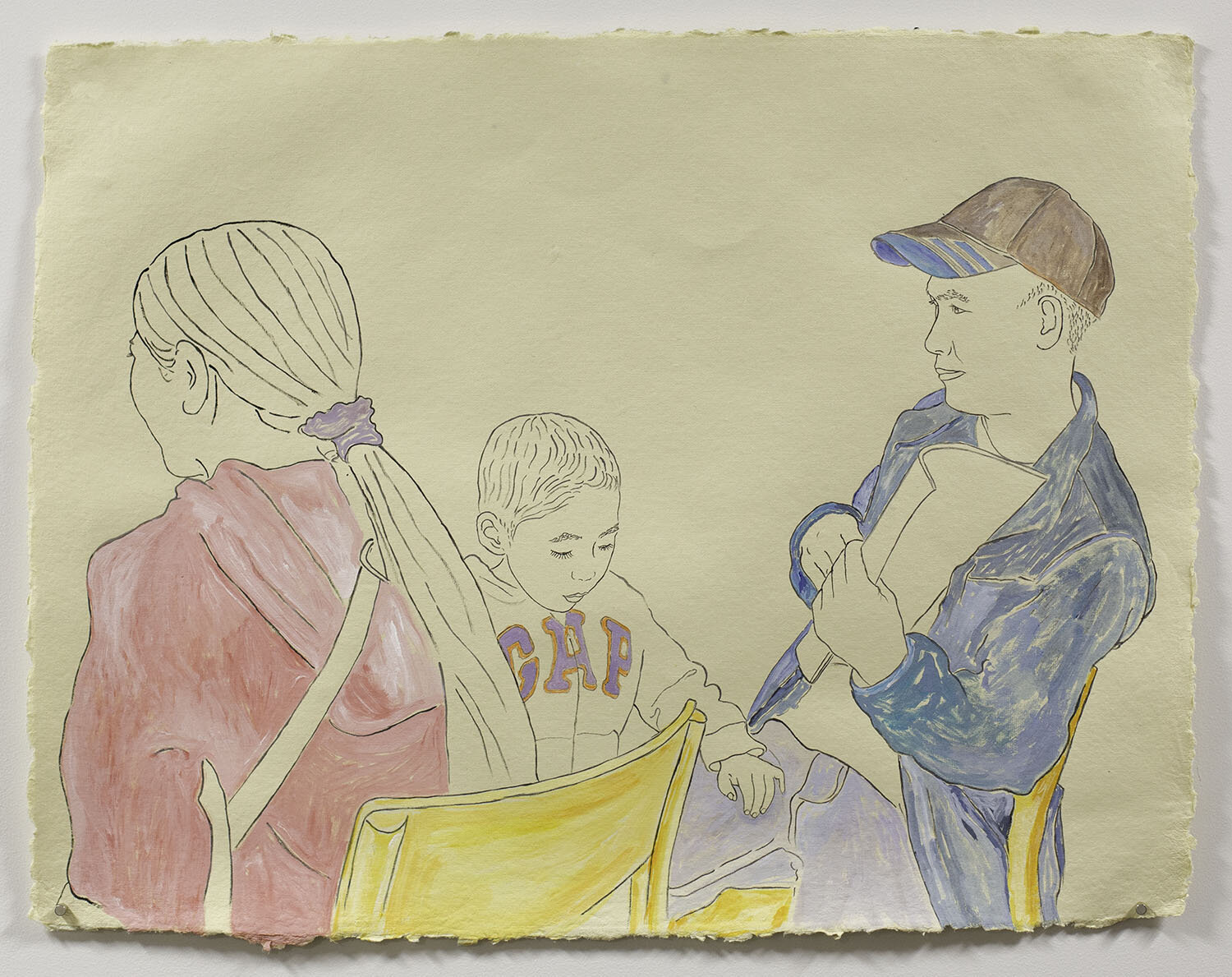   A Family Applying for United States Citizenship   2019, Ink, watercolor, gouache on handmade paper made in India from recycled clothing, 19” x 25.  In the collection of Sage Bionetworks, Seattle, WA. 