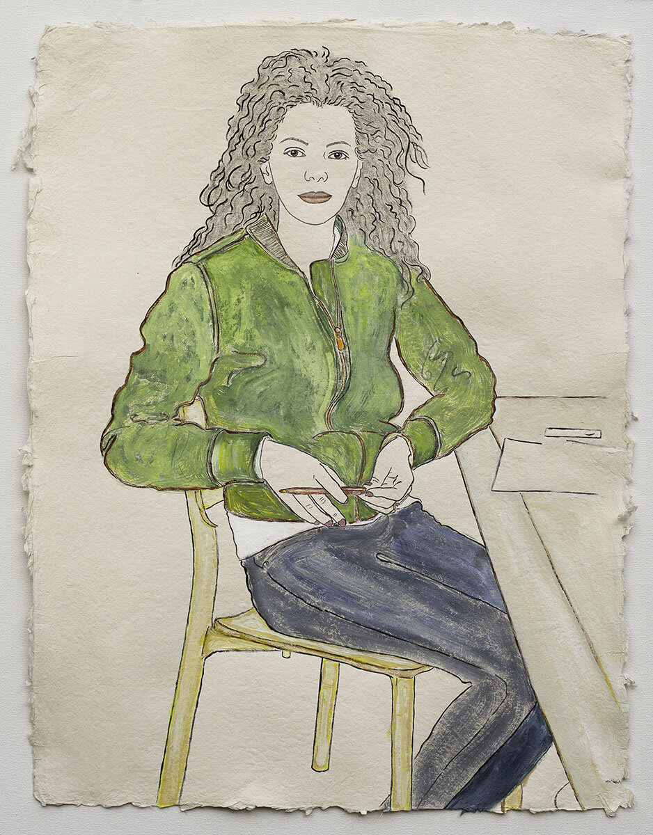   Available    Woman in Green Jacket Applying for United States Citizenship   2019, Ink, watercolor, gouache on handmade paper made in India from recycled clothing, 25” x 19.” 