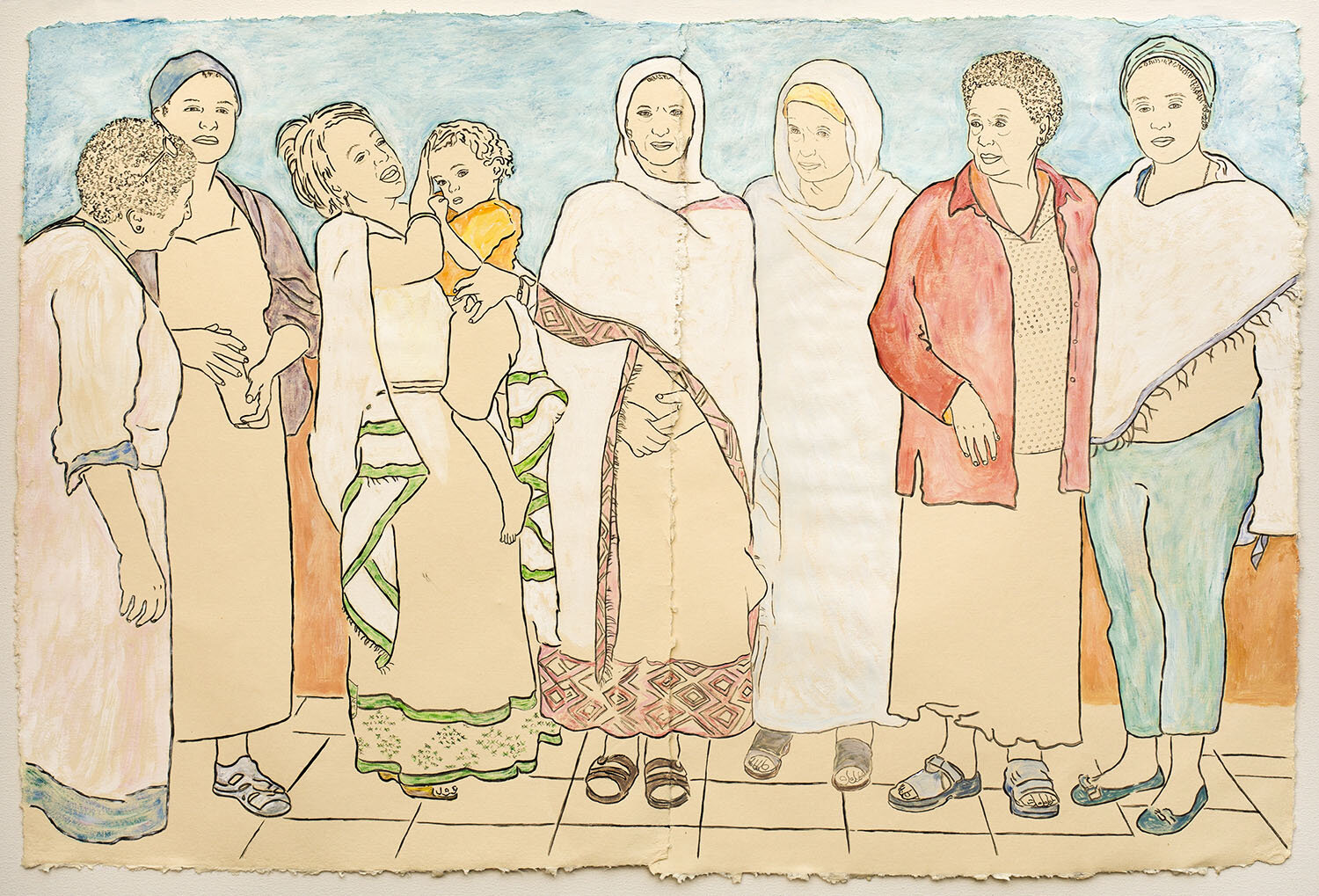   Available    Reunion of Members of the Ethiopian Community in Seattle   2020, Ink, watercolor, gouache on handmade paper made in India from recycled clothing, 25” x 37.5.” 