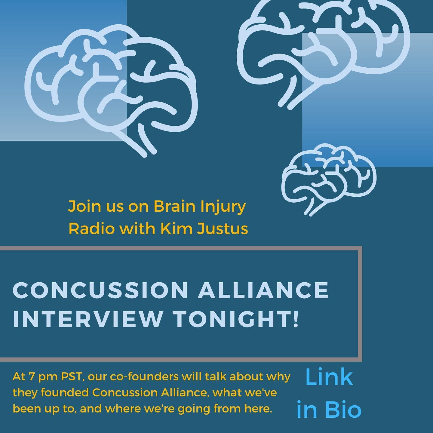 Want to learn more about your favorite concussion education and advocacy organization? Listen in tonight at 7pm PST on Brain Injury Radio (link in bio) as Kim Justus interviews Concussion Alliance cofounders Malayka and Conor Gormally about their jou