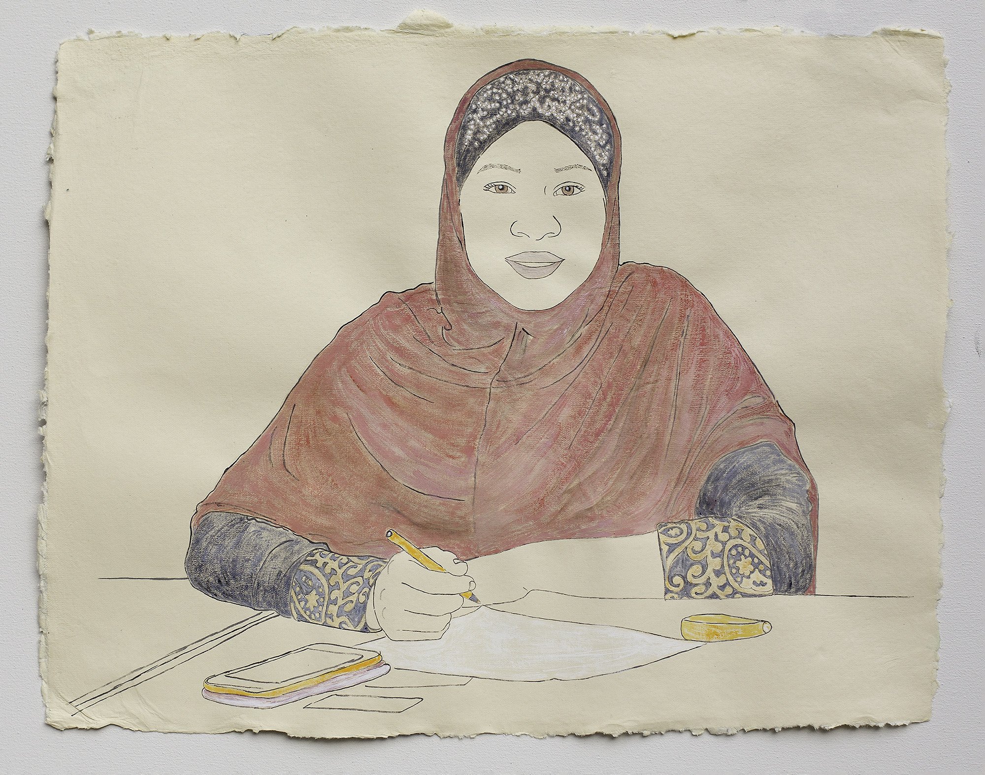   Woman in Red, Black, and Gold, Applying for United States Citizenship   2021, ink, watercolor, gouache on handmade paper made in India from recycled clothing, 19” x 25.”  In the UNI Permanent Art Collection, University of Northern Iowa. 
