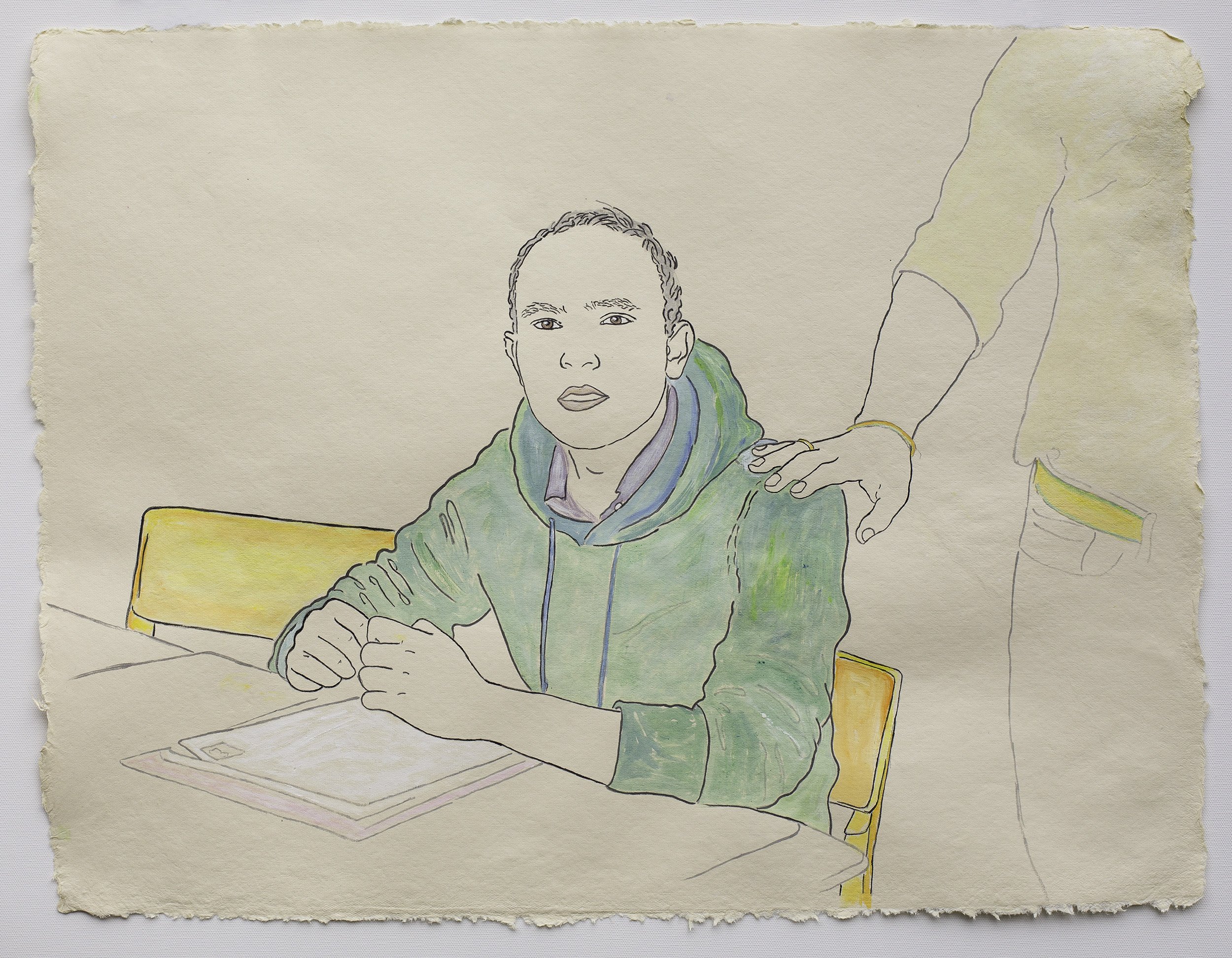   Man Applying for United States Citizenship, with Support from His Brother   2021, ink, watercolor, gouache on handmade paper made in India from recycled clothing, 19” x 25.”  In the UNI Permanent Art Collection, University of Northern Iowa. 