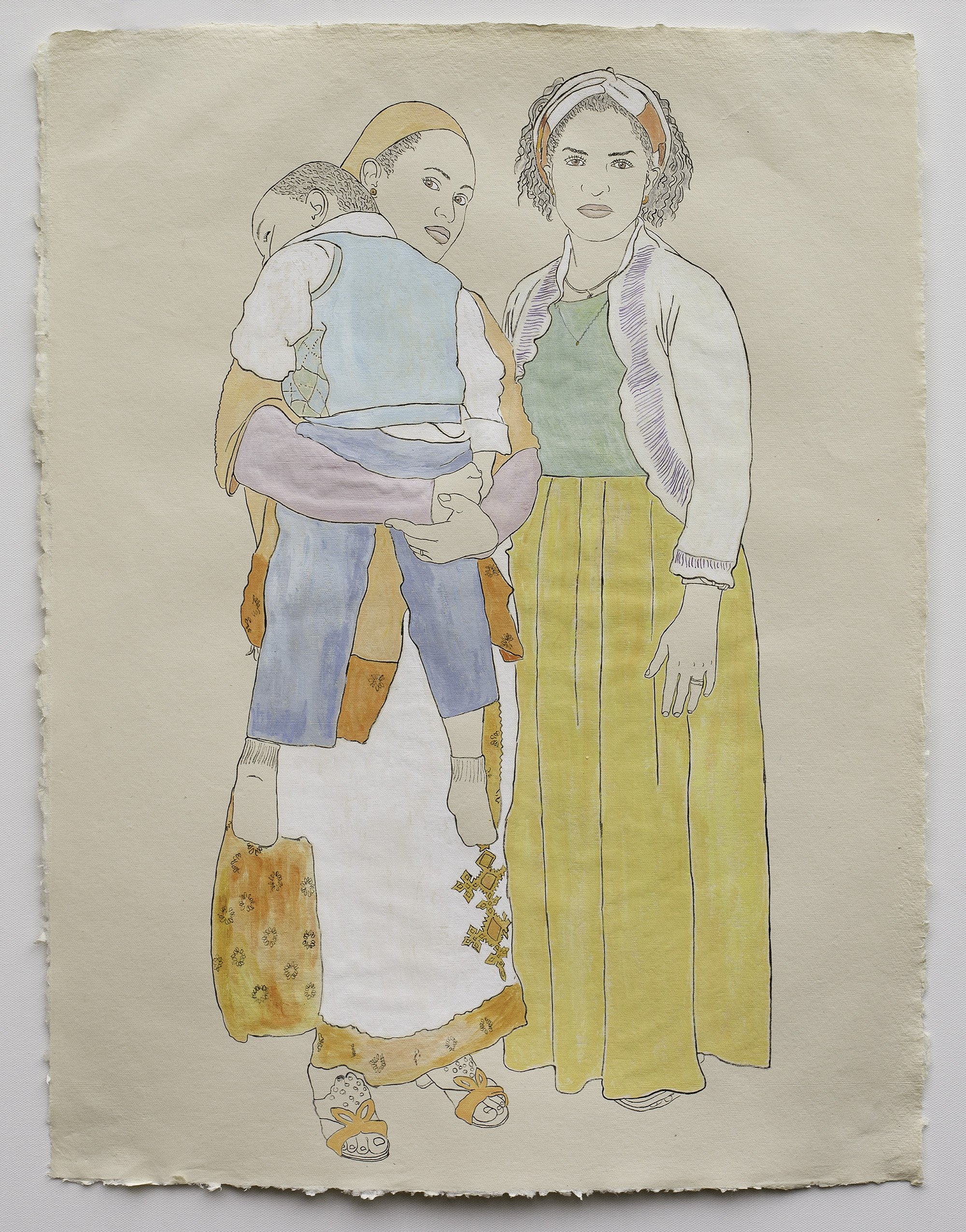   Available    Two Young Women &amp; Toddler, Members of the Ethiopian Community   2021, ink, watercolor, gouache on handmade paper, 25” x 19” 