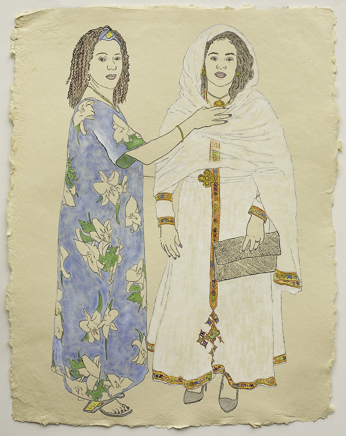   Available    Two Friends in the Ethiopian Community   2021, ink, watercolor, gouache on handmade paper, 25” x 19” 
