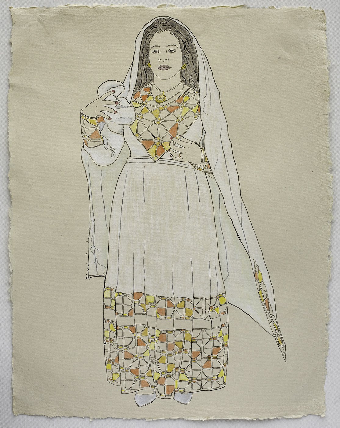   Available    Woman in Traditional Ethiopian Garb   2021, ink, watercolor, and gouache on handmade paper, 25” x 19” 