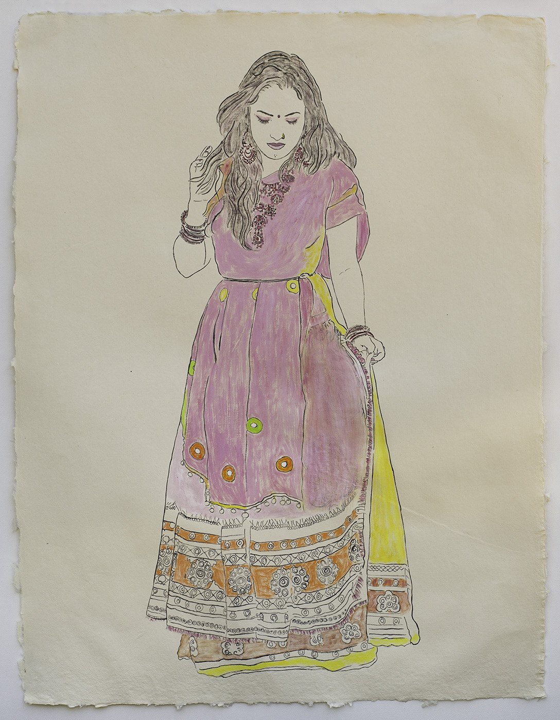   Available    Woman in Traditional Indian Garb   2021, ink, watercolor, and gouache on handmade paper, 25” x 19” 