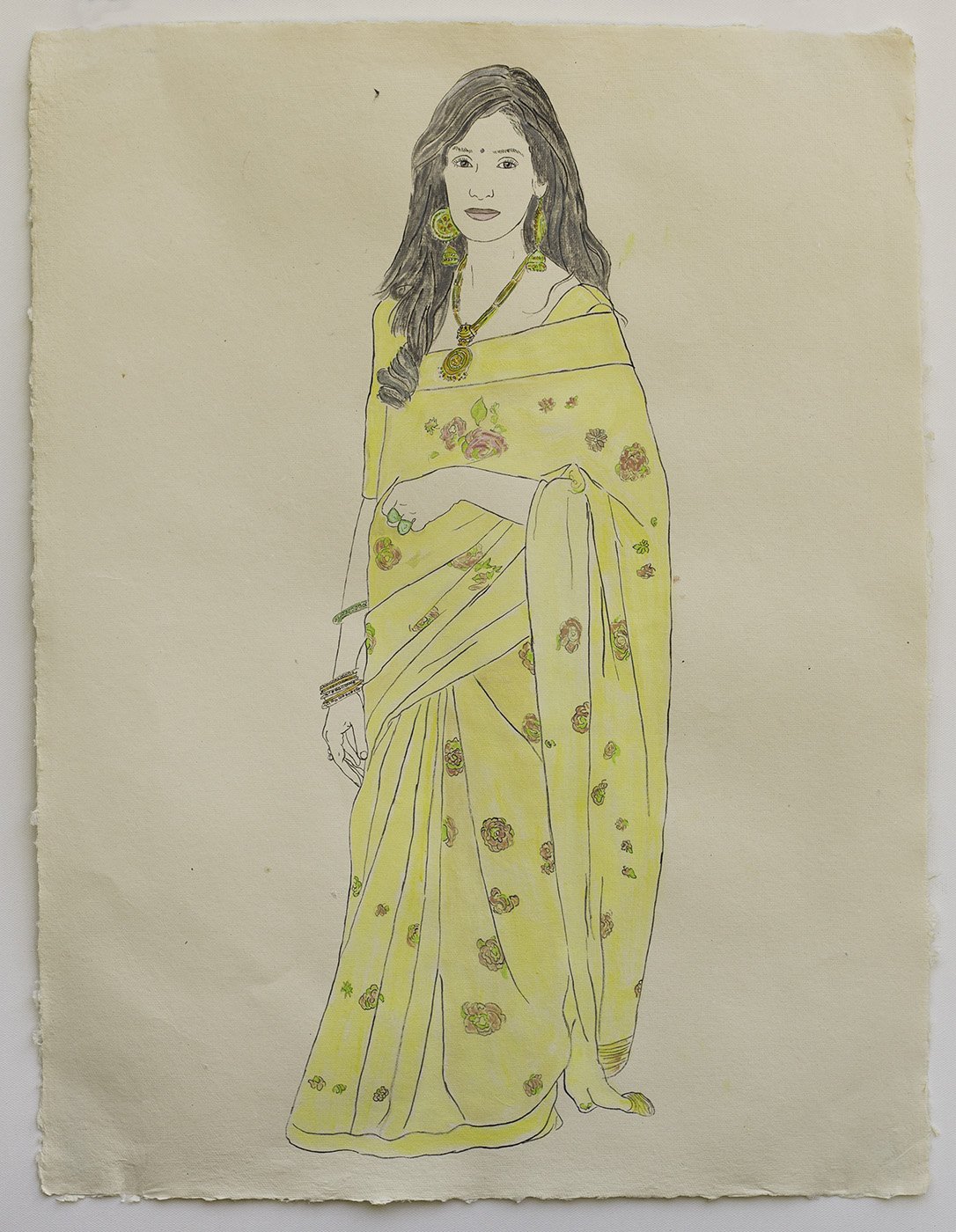   Available    Woman in Yellow Sari   2021, ink, watercolor, and gouache on handmade paper, 25” x 19” 