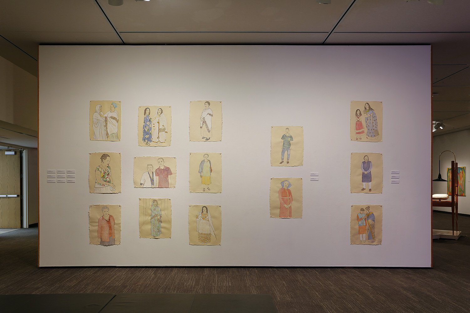  Drawings of the Ethiopian immigrant community (left), French-speaking West African community (center), and the Indian immigrant community (right) in the Puget Sound region.   Part of the 2021 exhibition Present/Tense: Sculpture, Paintings, and Drawi