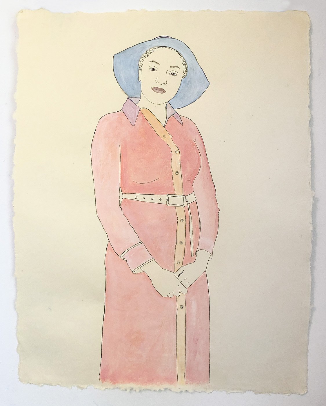   Available    Woman in a Blue Hat, Member of the French-Speaking West African Community in the Puget Sound   2021, ink, watercolor, gouache on handmade paper, 25” x 19” 