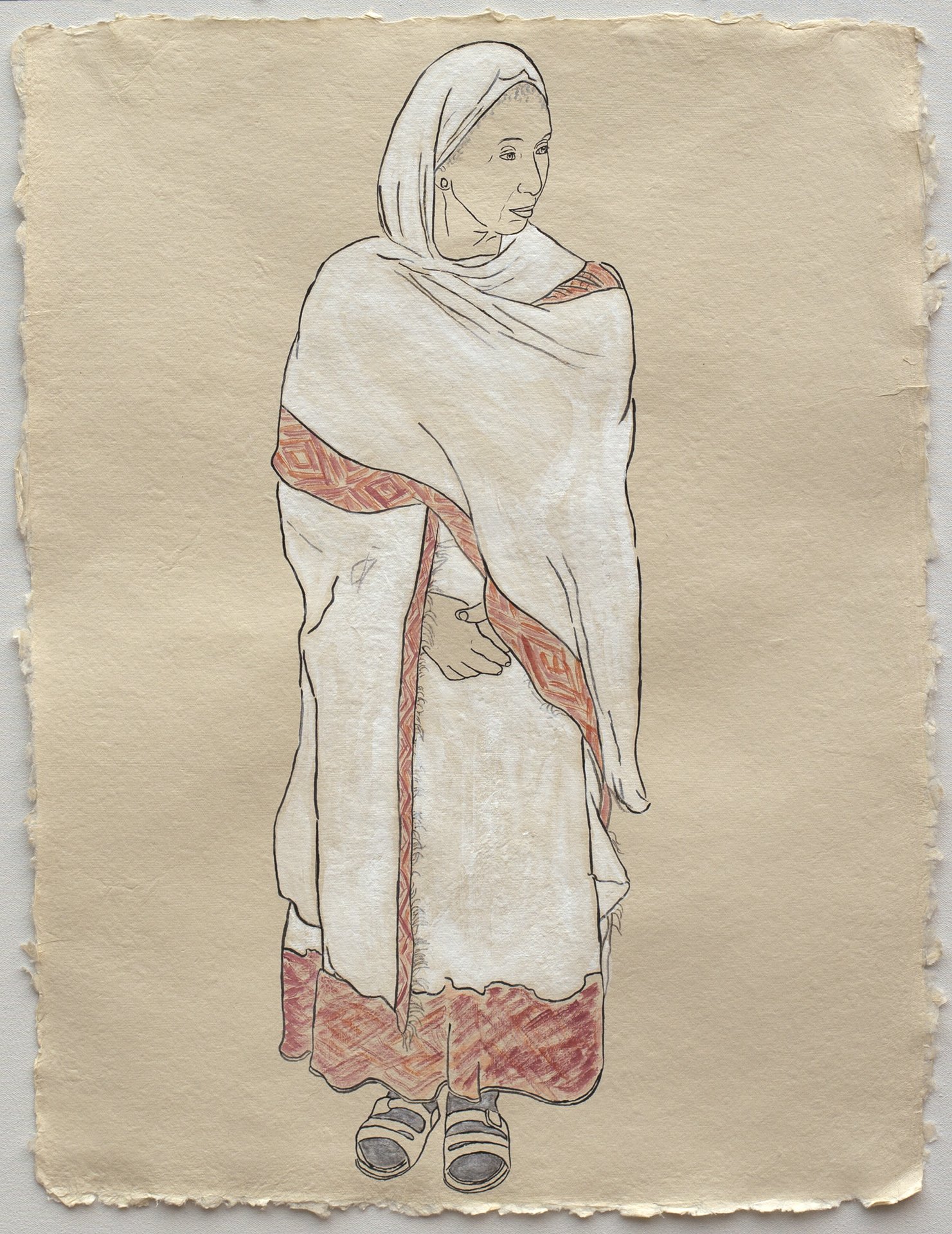   Available    Woman in White, Member of the Ethiopian Community in Seattle (Version II)   2017, Ink, watercolor, gouache on handmade paper made in India from recycled clothing, 25” x 19.” 