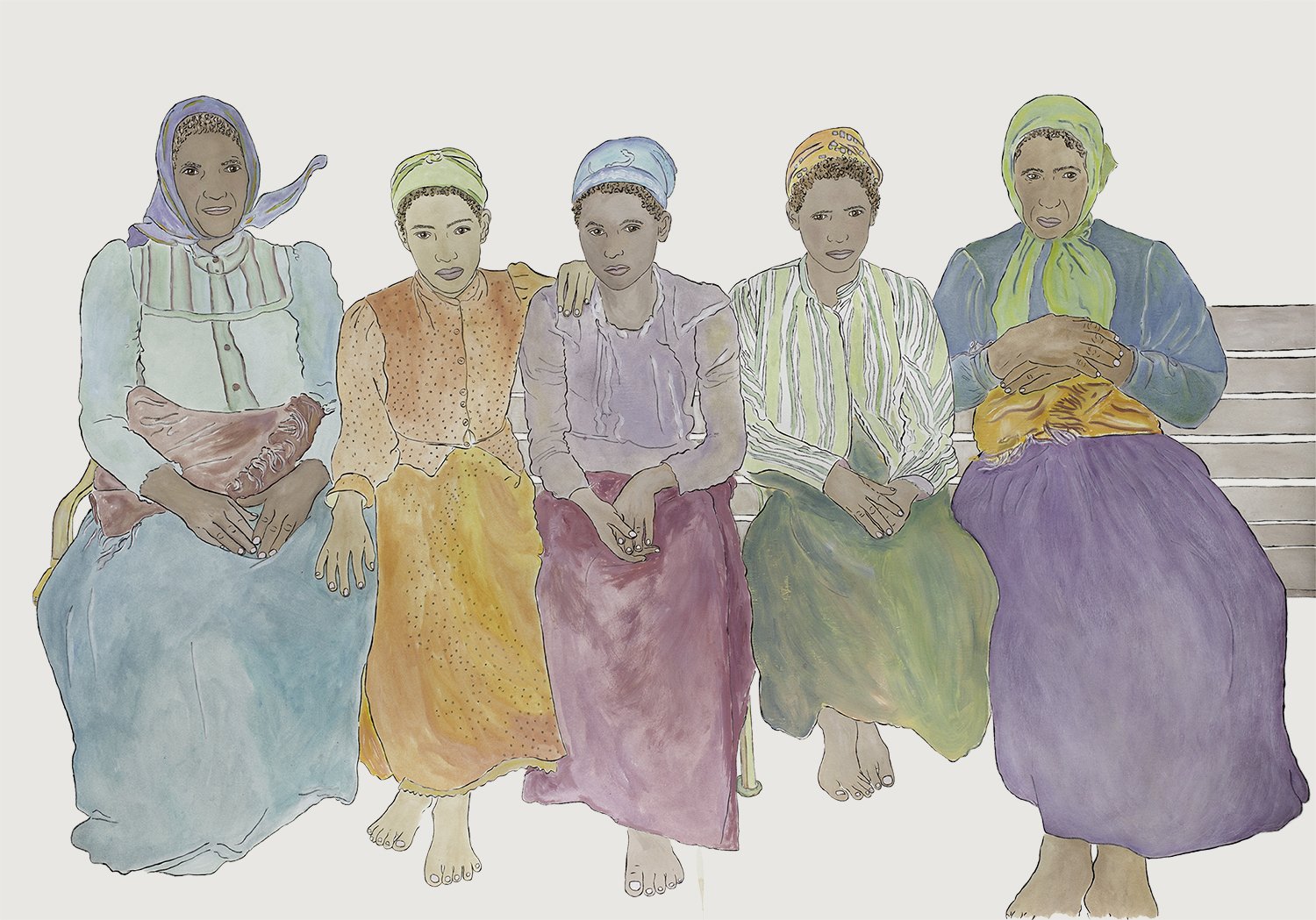   Available    Five Women on a Bench, Eastern Europen Immigrants at Ellis Island, United States, 1900   37” x 50”, gouache, watercolor, India ink on paper, 2022 