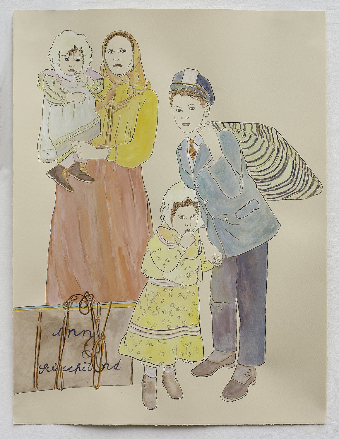   Available    Mother and Children at Ellis Island, Eastern European Immigrants, 1900   30” x 22”, gouache, watercolor, India Ink on paper, 2022 